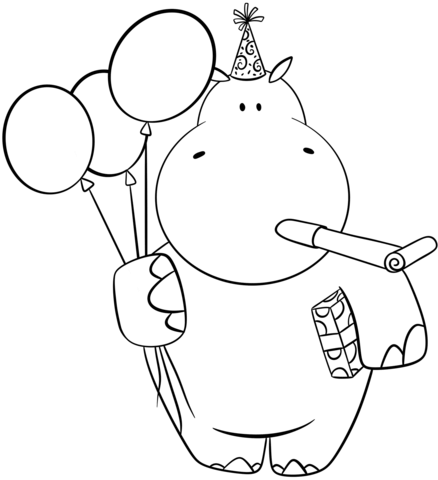 Hippo On A Birthday Party Coloring Page